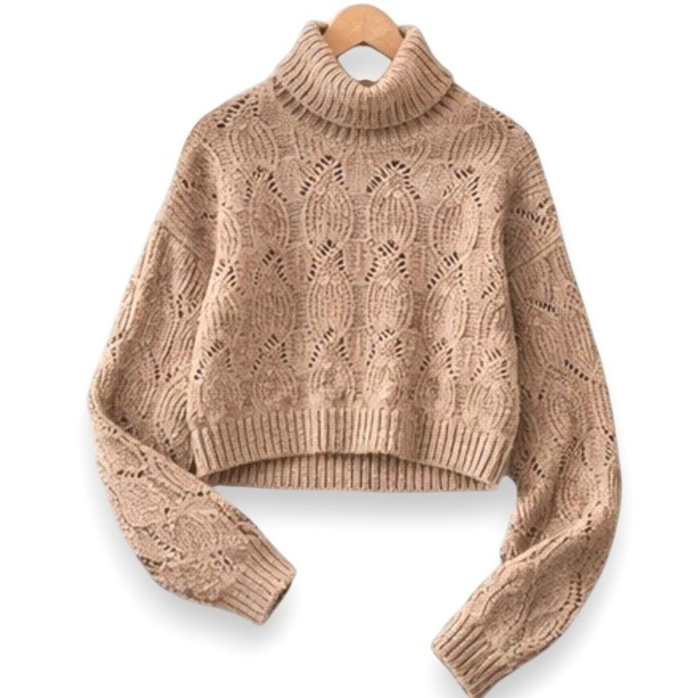 Cable Knit Turtleneck Sweater Tan Oatmeal Size M